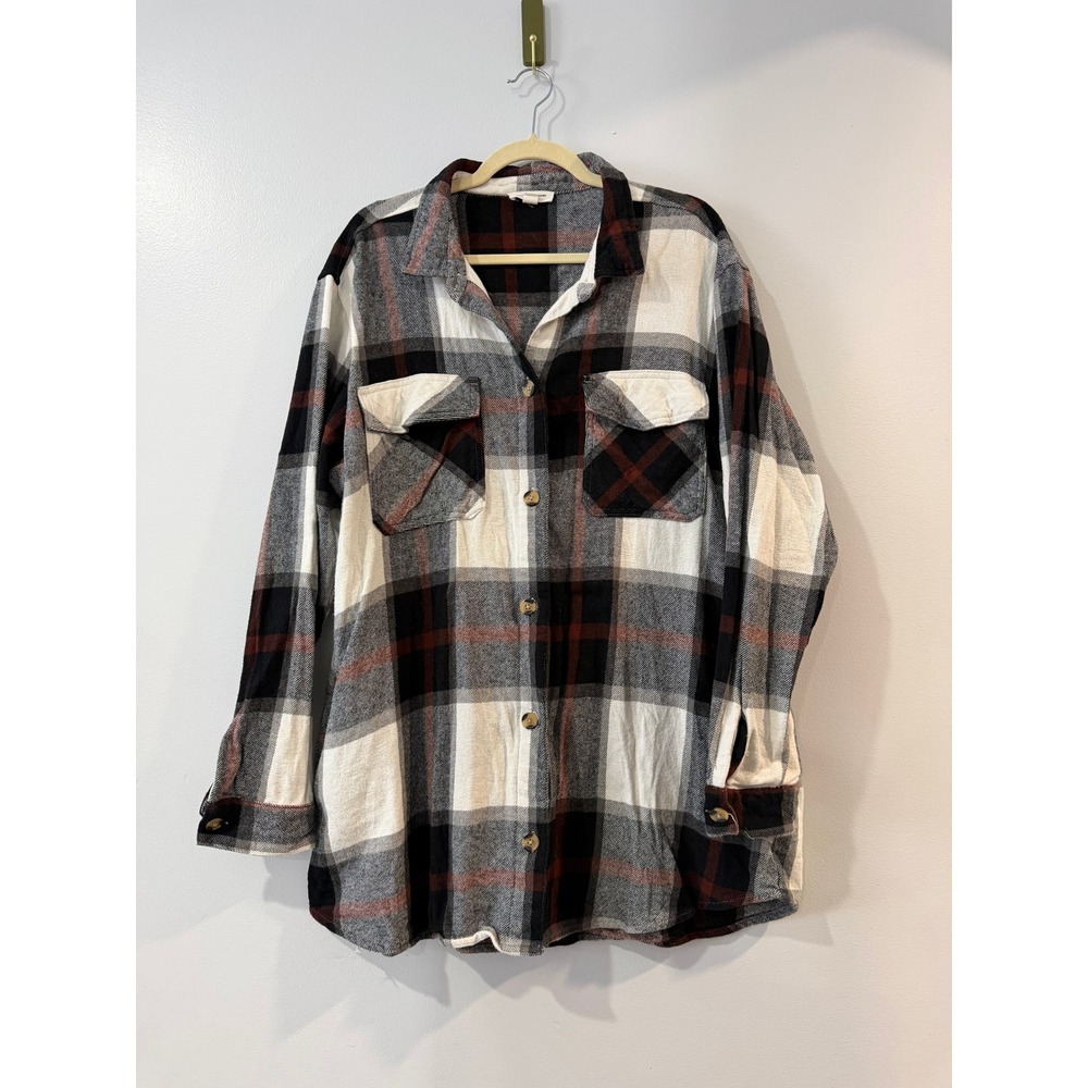 Beachlunchlounge Plaid Flannel Button Down Shirt Black White Burgundy XL Cotton